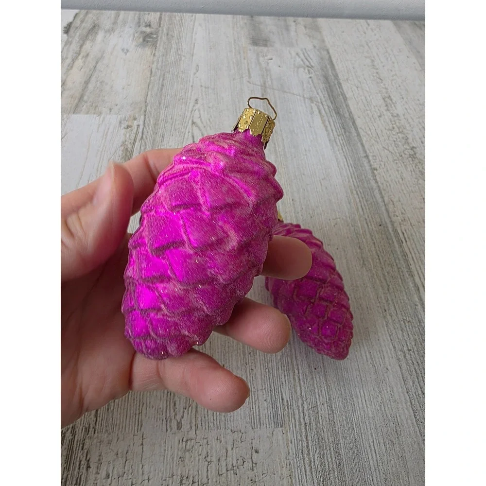 Vintage Christborn pink pine cone glitter glass ornament‎ set Xmas tree